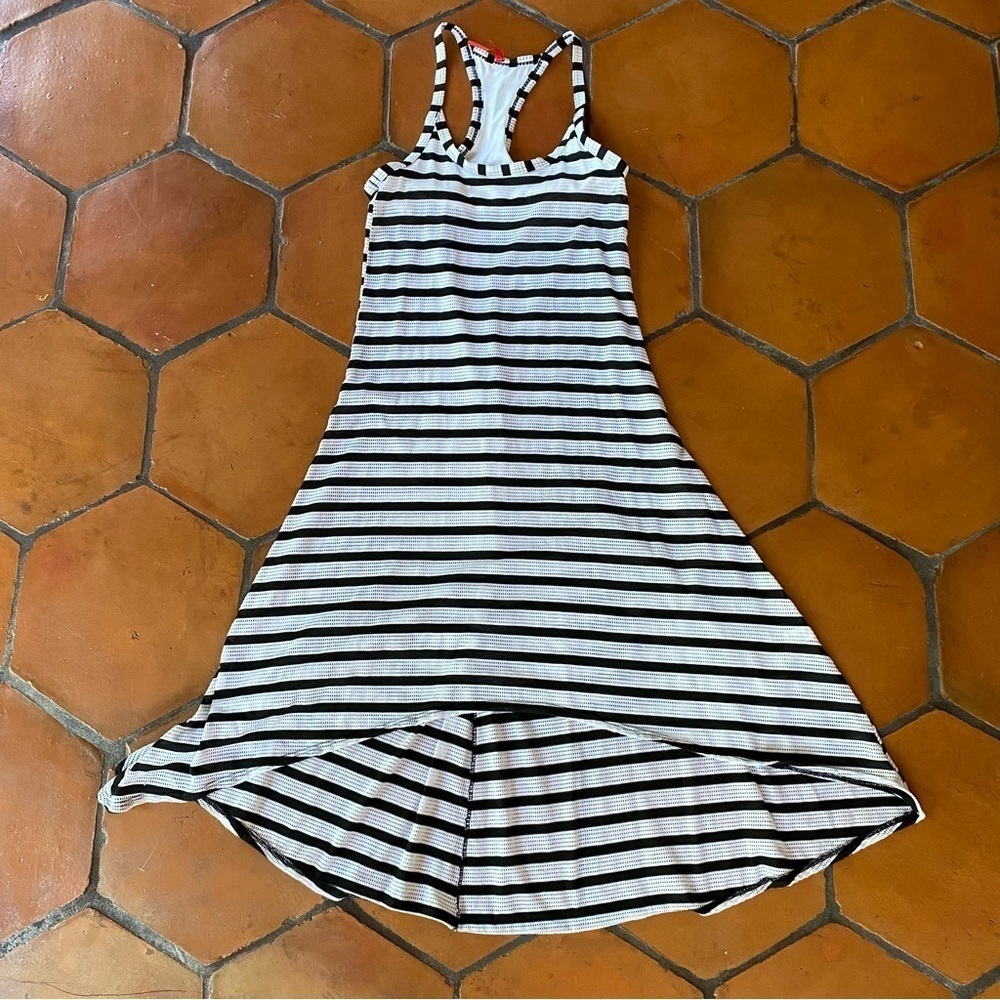 Spanx Mesh Hi-Lo Maxi Cover Up Dress Shelf Bra Striped Beachy Black White Small